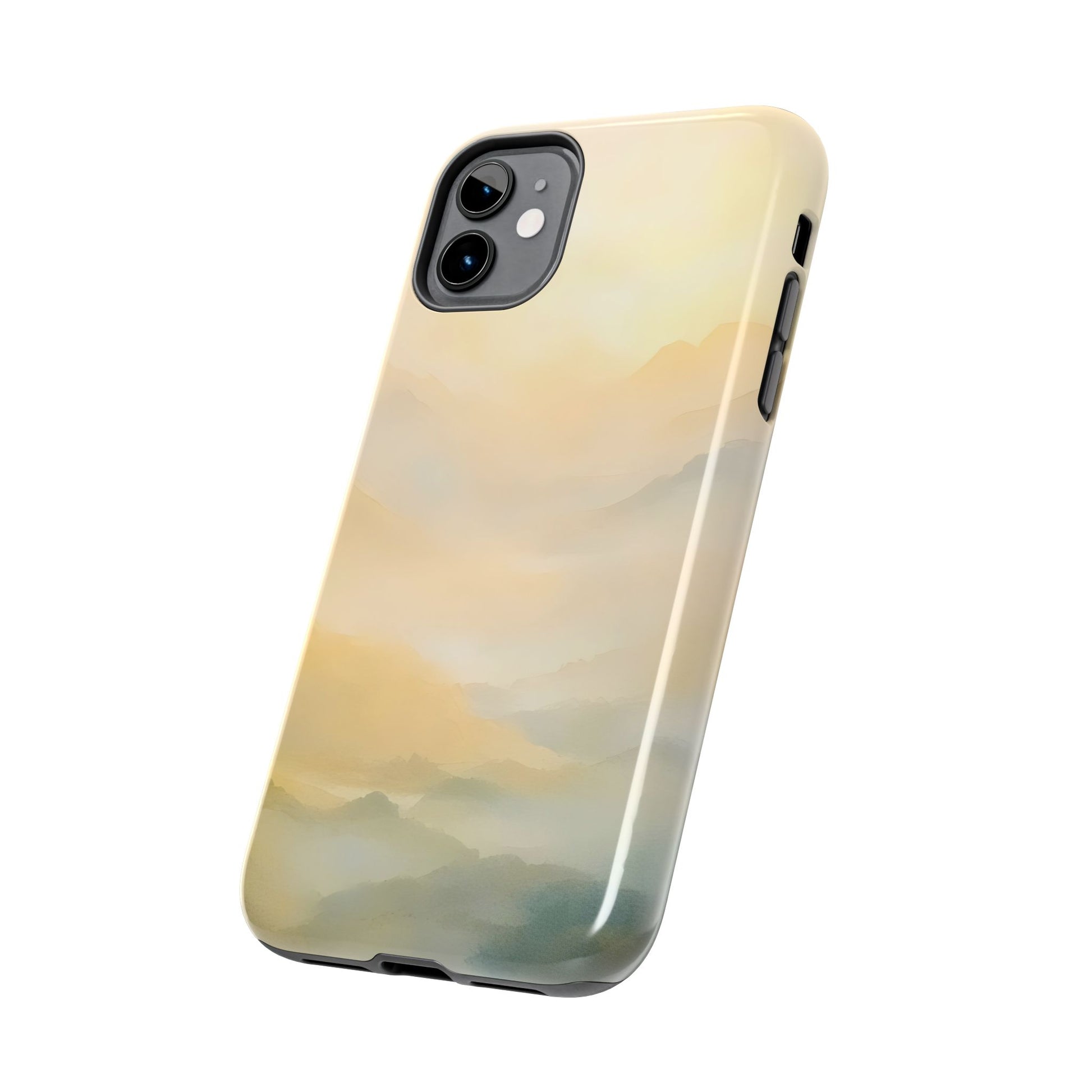 iPhone case with soft pastel mountain landscape and minimalist spiritual design