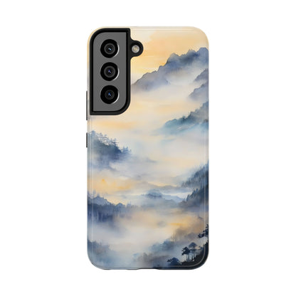 Phone case with serene watercolor mountain landscape in soft blue and yellow tones