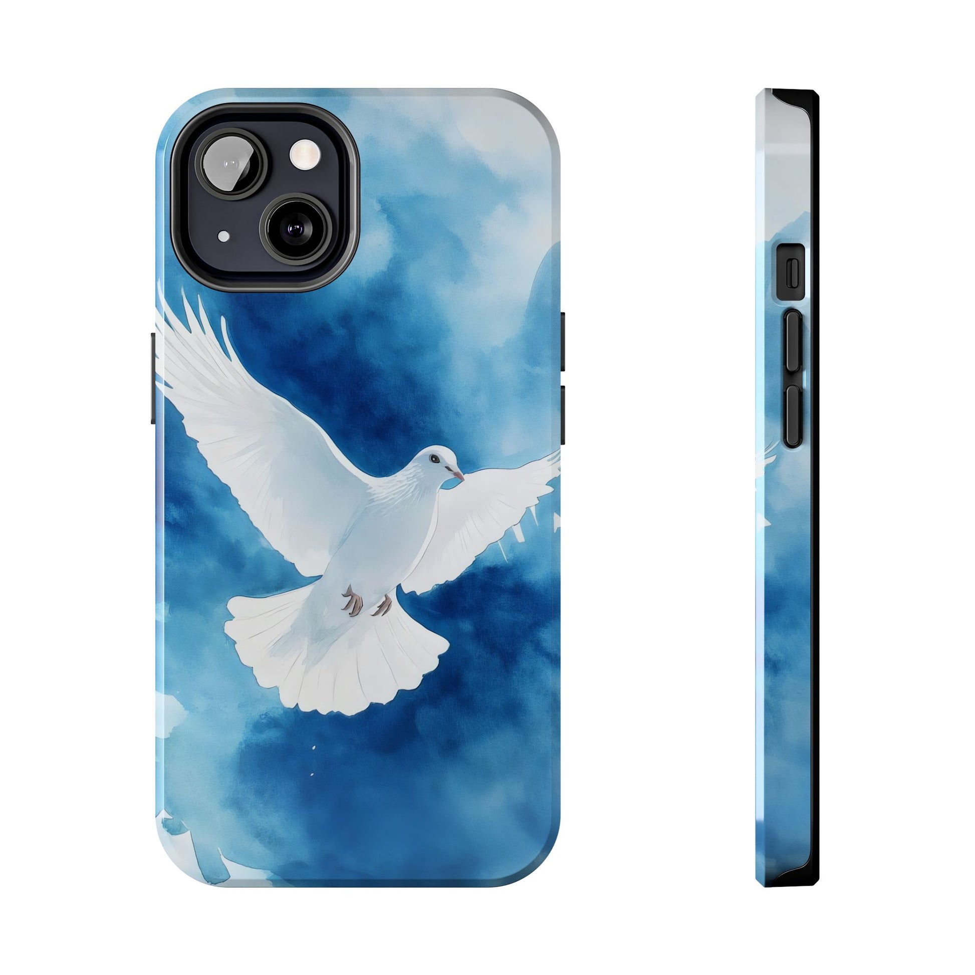 Christian phone case featuring a white dove with outstretched wings on a blue sky background