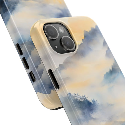 iPhone case with serene watercolor mountain and sunrise cloud design, faith-inspired accessory