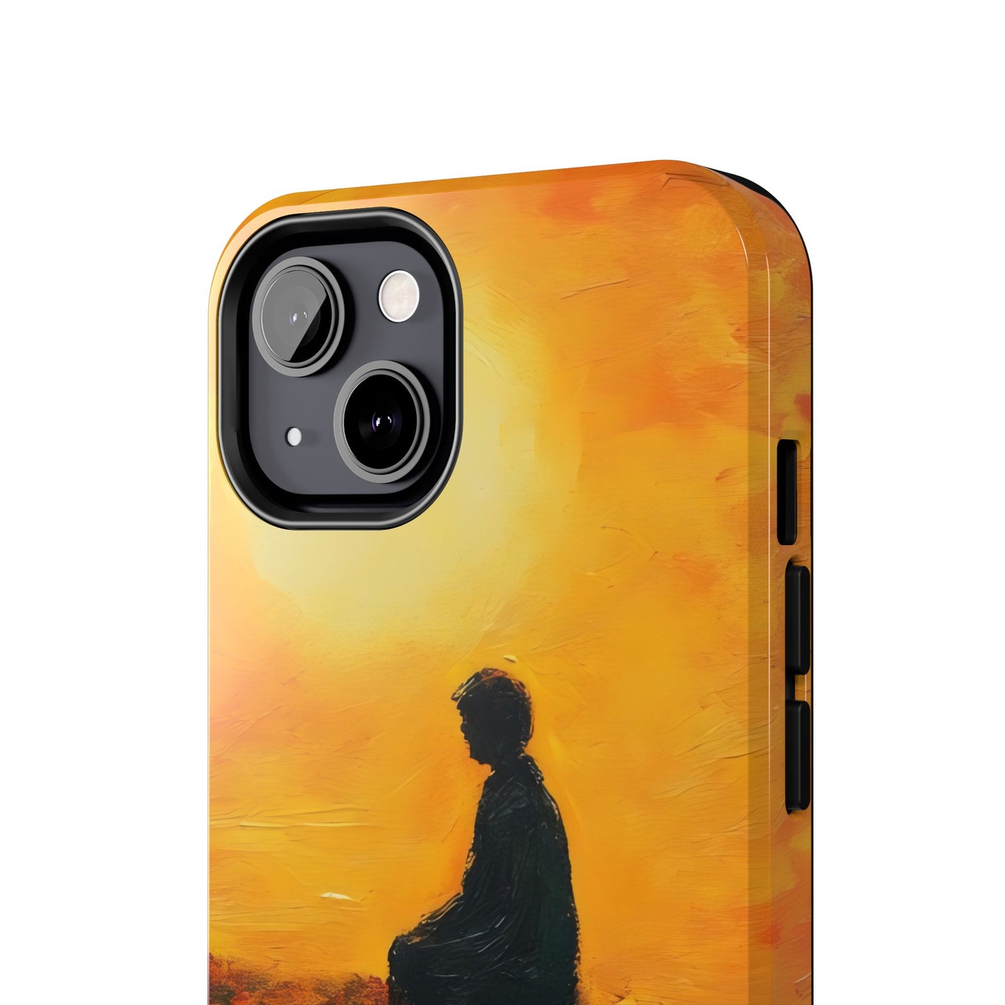 Phone case with silhouette of person meditating against warm yellow and orange sunset background