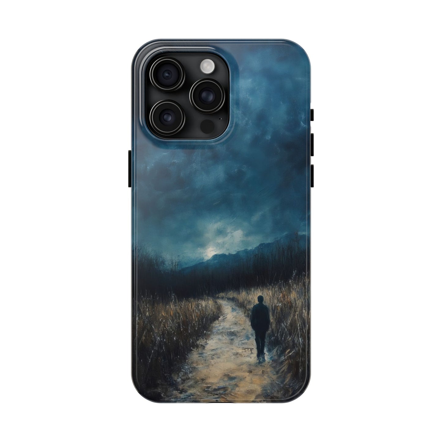 Phone case with silhouette of a person walking on a path at dusk, moody landscape design