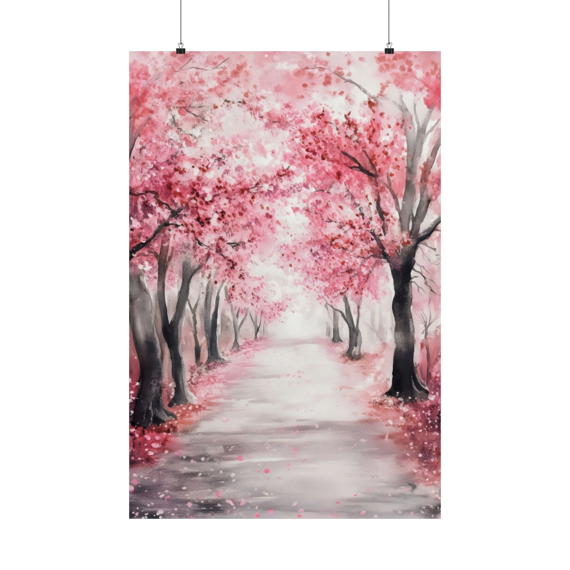 Watercolor wall art of a peaceful path lined with blooming pink cherry blossom trees.