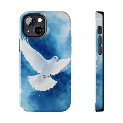 Phone case with white dove illustration on blue watercolor background, faith-inspired design