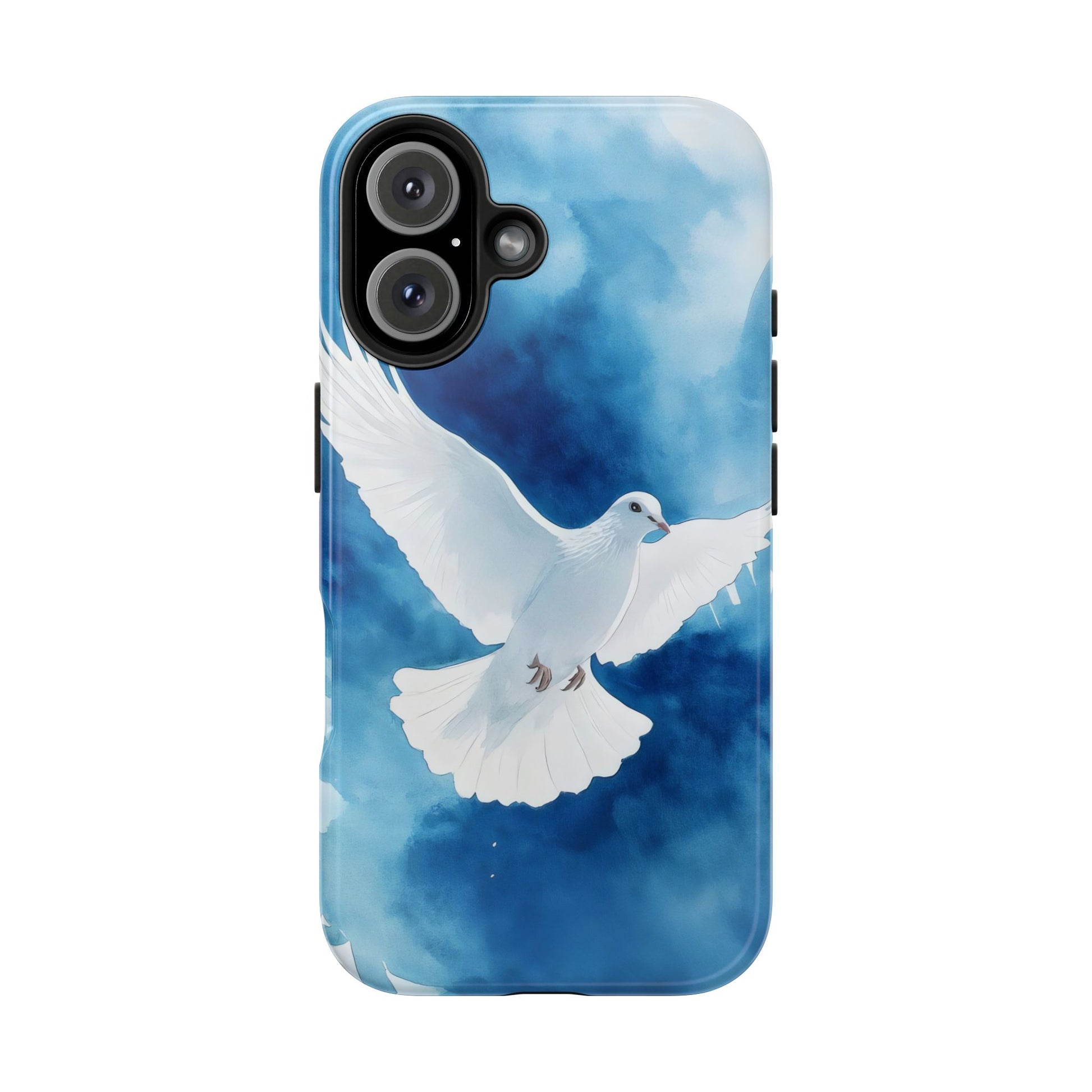 Christian phone case with white dove artwork on a blue watercolor background
