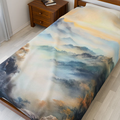 Serene watercolor mountain landscape bedding on a wooden bed in a peaceful bedroom