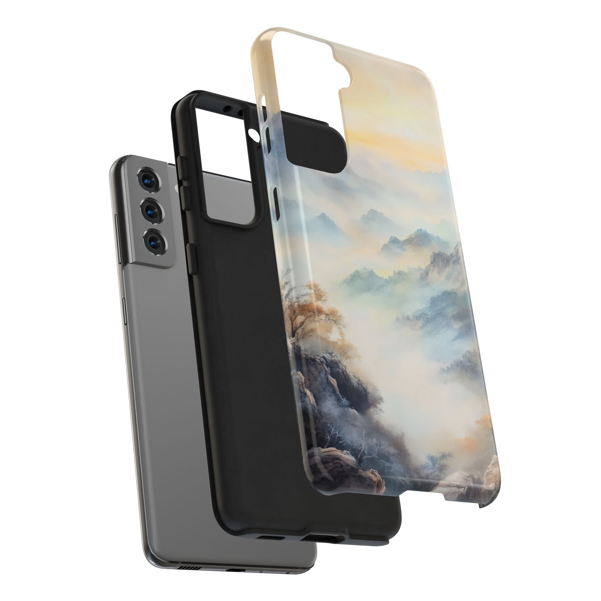 Protective phone case with serene mountain landscape artwork, layered on a modern smartphone