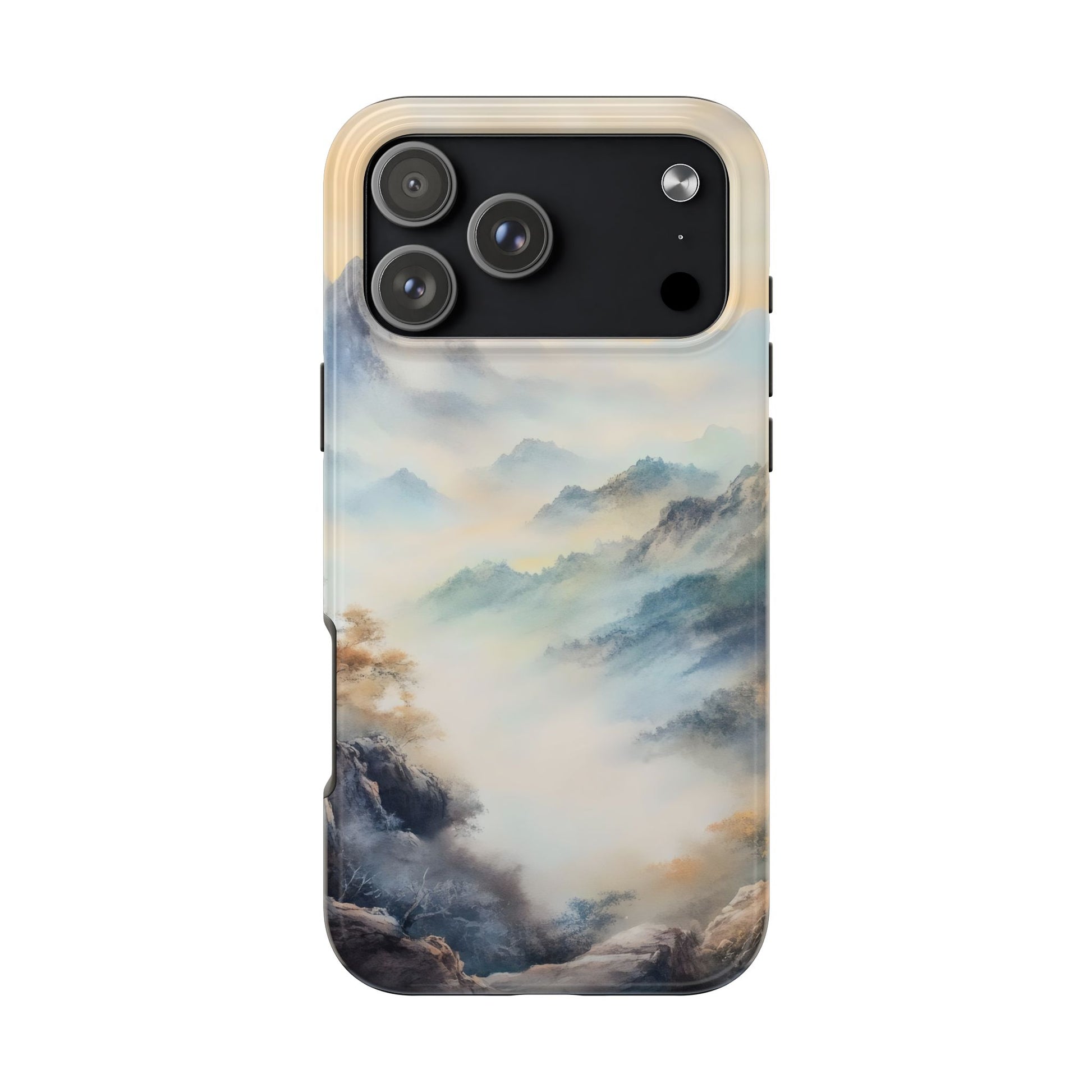 Phone case with serene misty mountains landscape and soft pastel colors