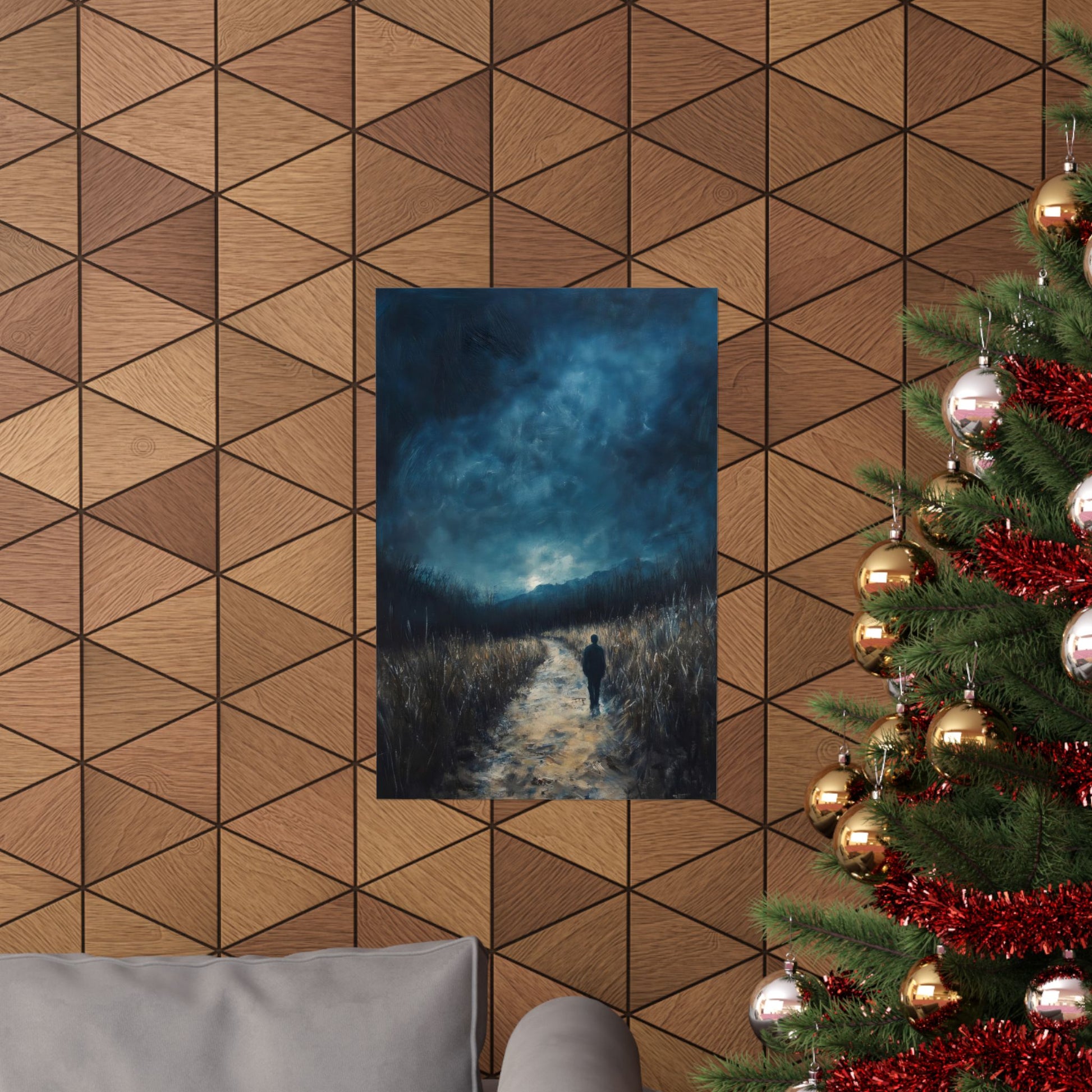 Christian wall art of a person walking alone on a path under a dramatic night sky, modern home decor, holiday setting with Christmas tree