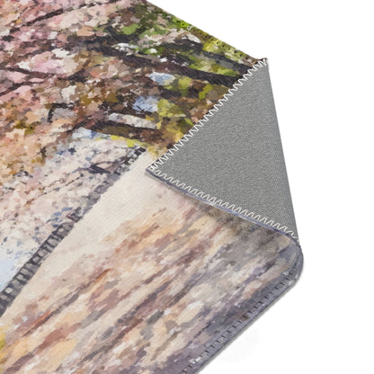 Christian wall art canvas with abstract pastel trees, detailed corner stitching visible.
