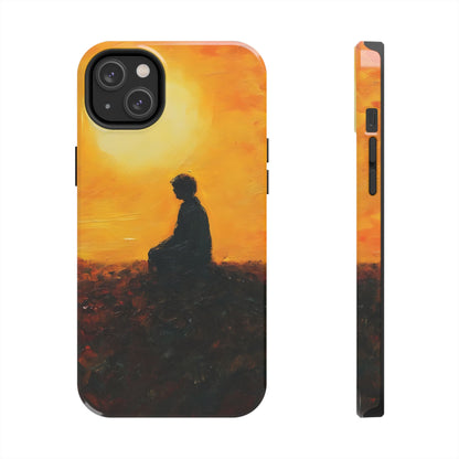 Phone case with silhouette of person meditating at sunset, spiritual peaceful art design