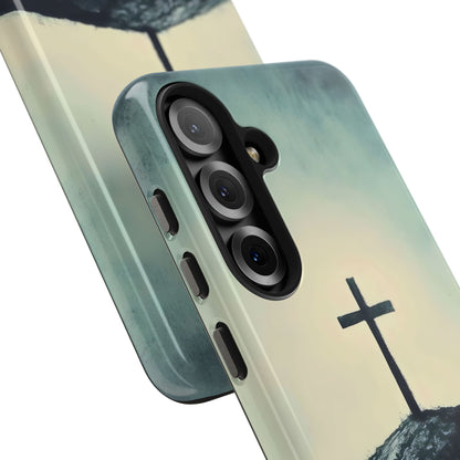 Christian phone case with cross design on a soft sunset background, spiritual accessory