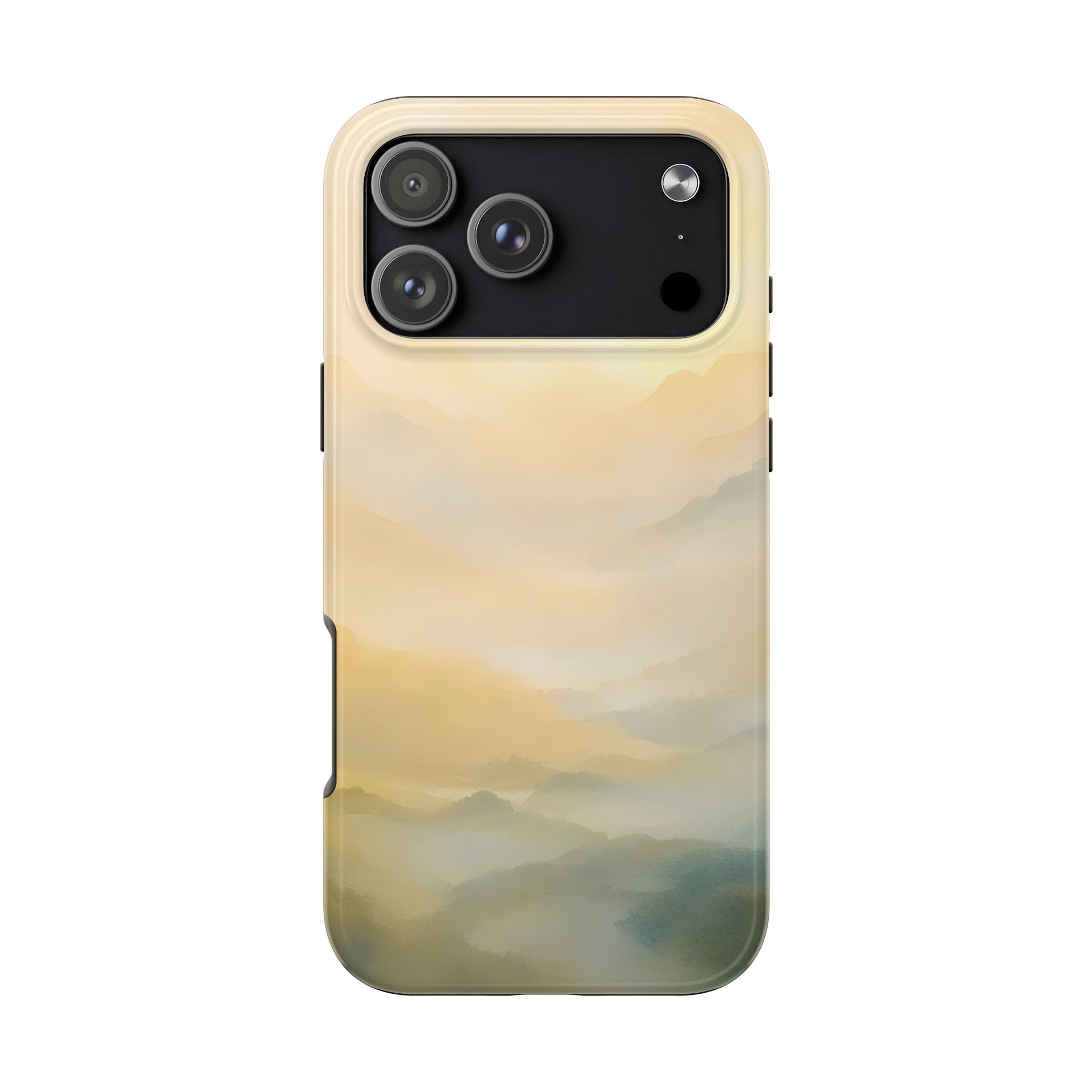iPhone case with soft watercolor mountain landscape in calming earth tones