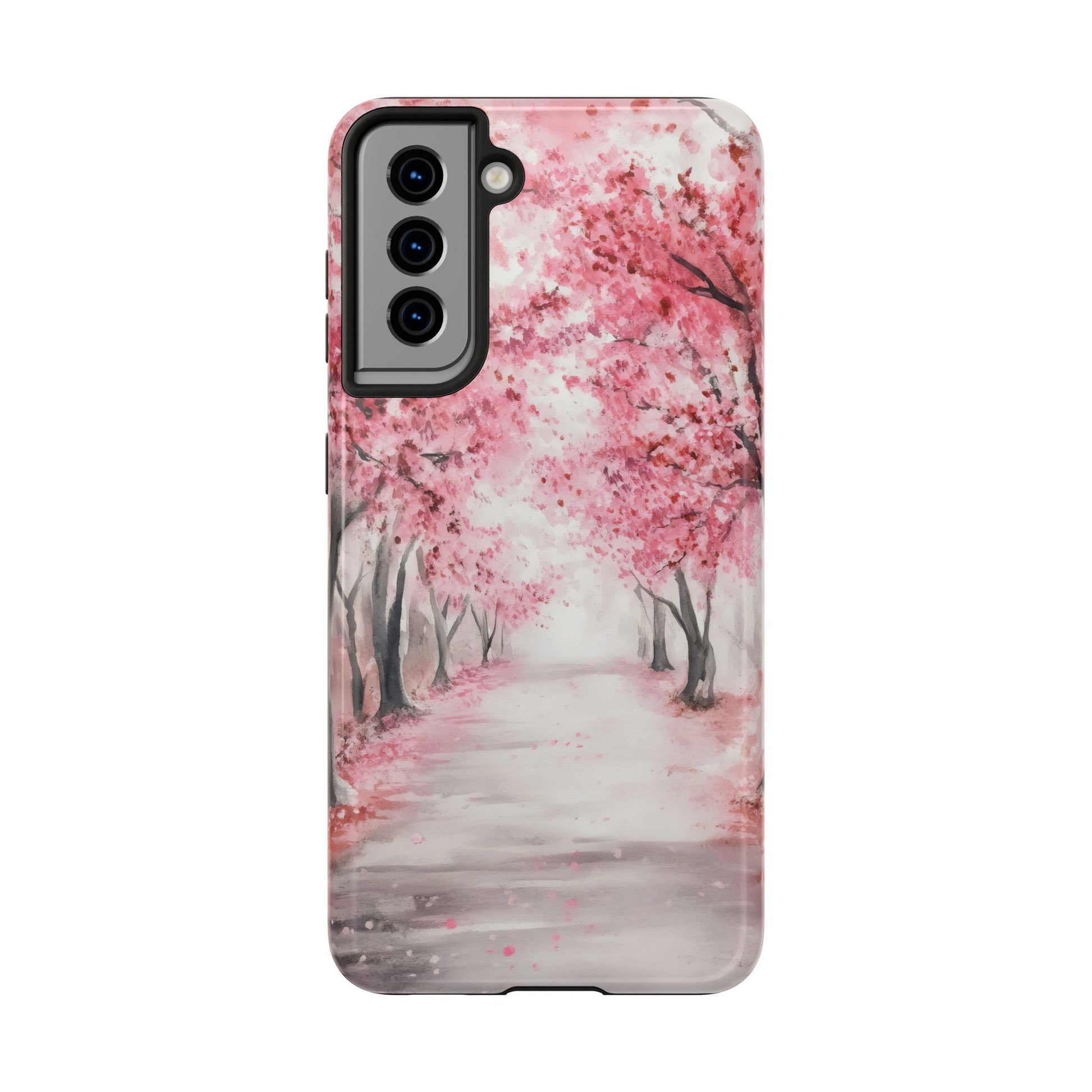 Phone case with serene pink cherry blossom tree pathway design, faith-inspired decor