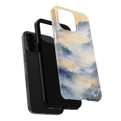 Phone case with serene blue and yellow misty mountain landscape design