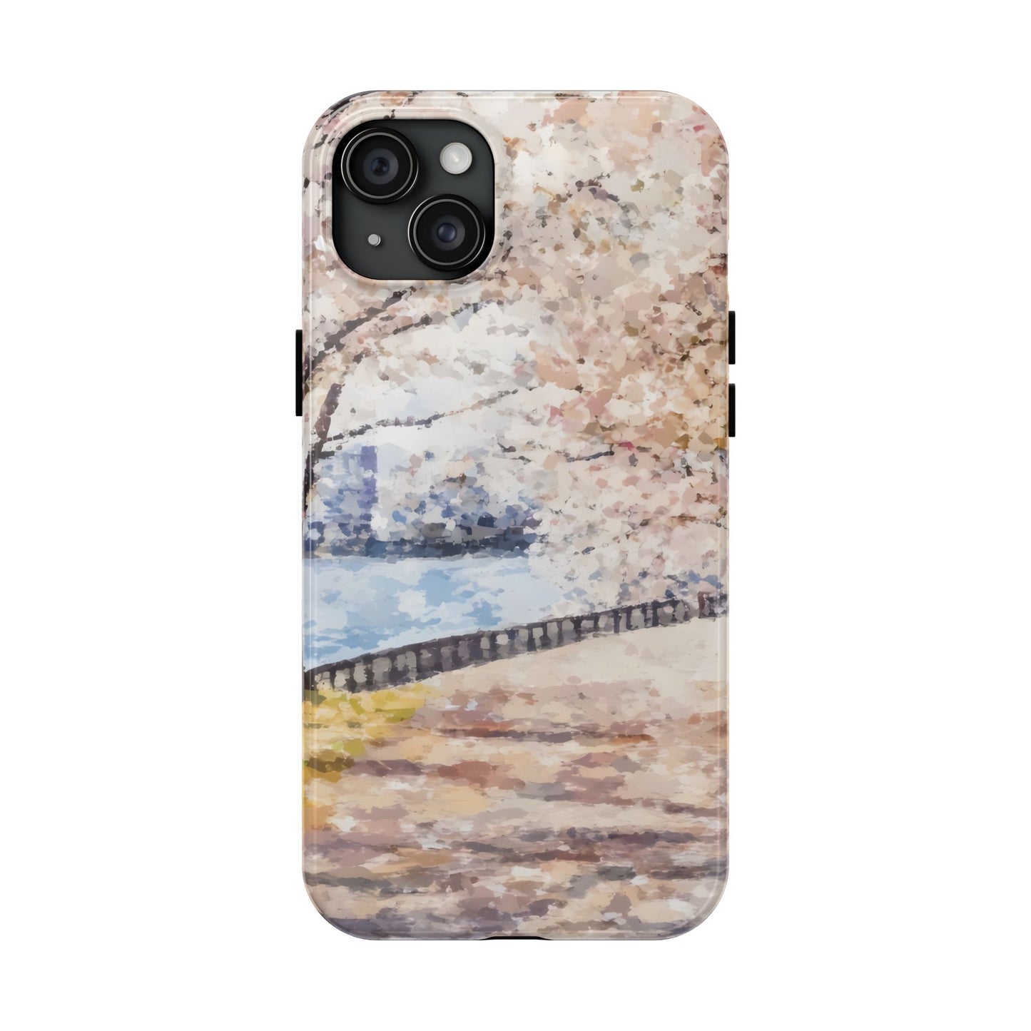 Phone case with pastel impressionist art of riverside path and blooming trees