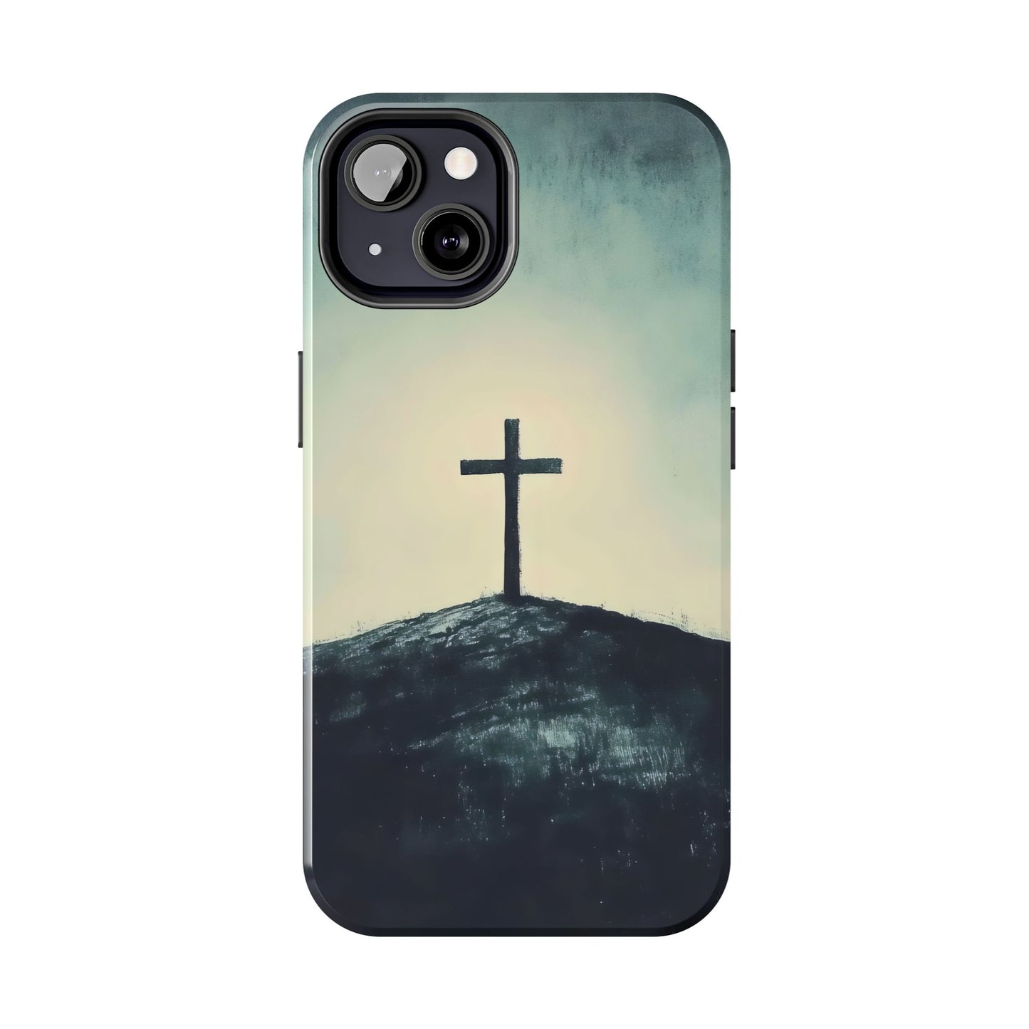Christian cross on hill phone case, spiritual minimalist design, faith-inspired accessory