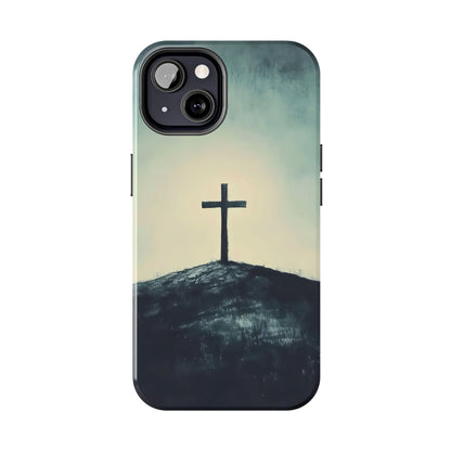 Christian cross on hill phone case, spiritual minimalist design, faith-inspired accessory