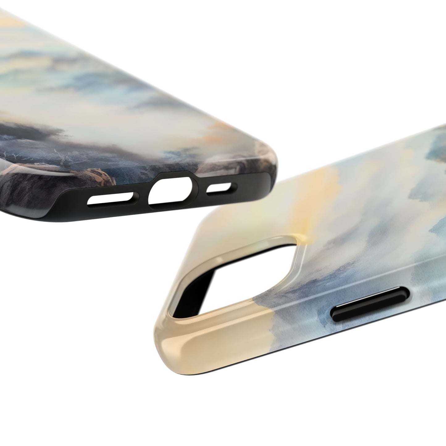 Abstract cloud pattern phone cases with soft pastel colors, close-up detail view