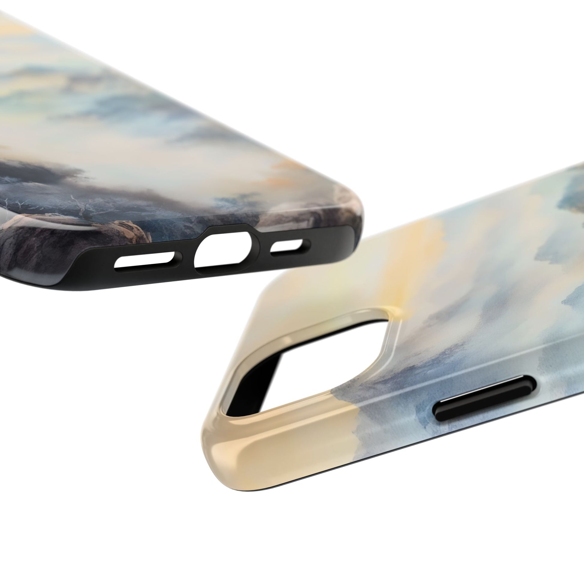 Abstract cloud pattern phone cases with soft pastel colors, close-up detail view