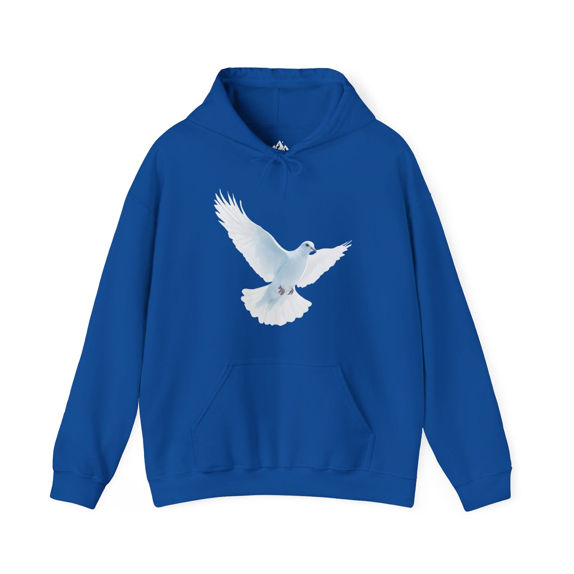Blue hoodie with white dove graphic, Christian faith-inspired apparel, spiritual clothing