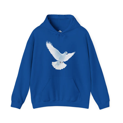 Blue hoodie with white dove graphic, Christian faith-inspired apparel, spiritual clothing