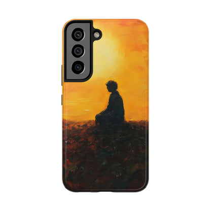 Phone case with silhouette of person meditating at sunset, spiritual mindful art design