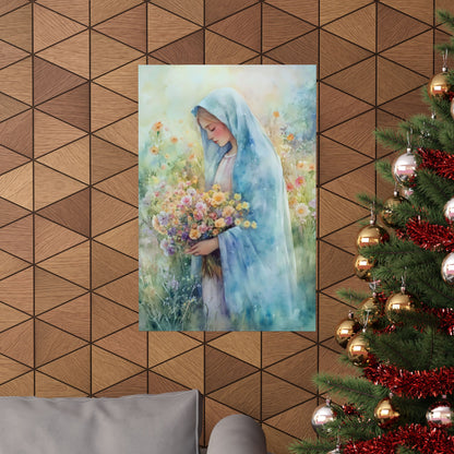 Christian wall art of a woman with flowers, serene home decor, near Christmas tree