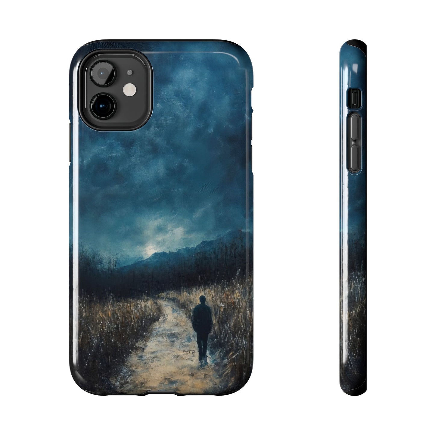 Phone case with moody landscape art, person walking on path under dramatic night sky