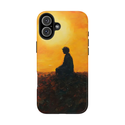 Phone case featuring silhouette of person meditating at sunrise with spiritual, peaceful background