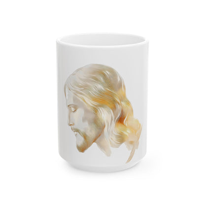 White ceramic mug with a serene illustration of Jesus Christ's face in profile, Christian gift
