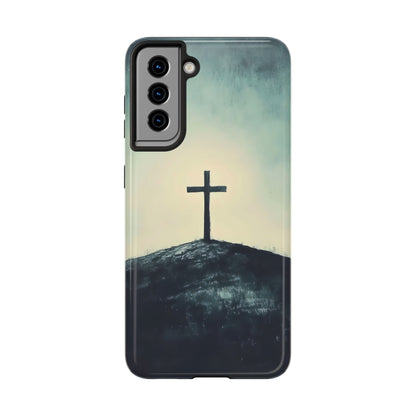 Christian cross on hill phone case, faith-inspired art, spiritual minimalist design