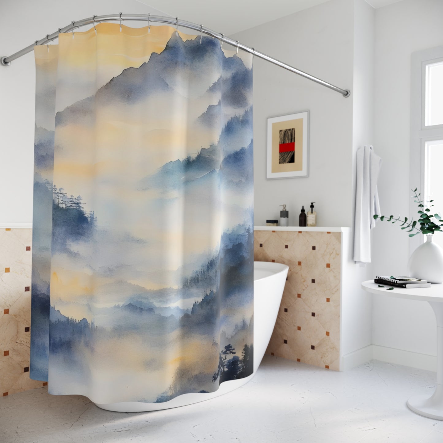 Serene bathroom with a shower curtain featuring watercolor mountains and mist, modern decor