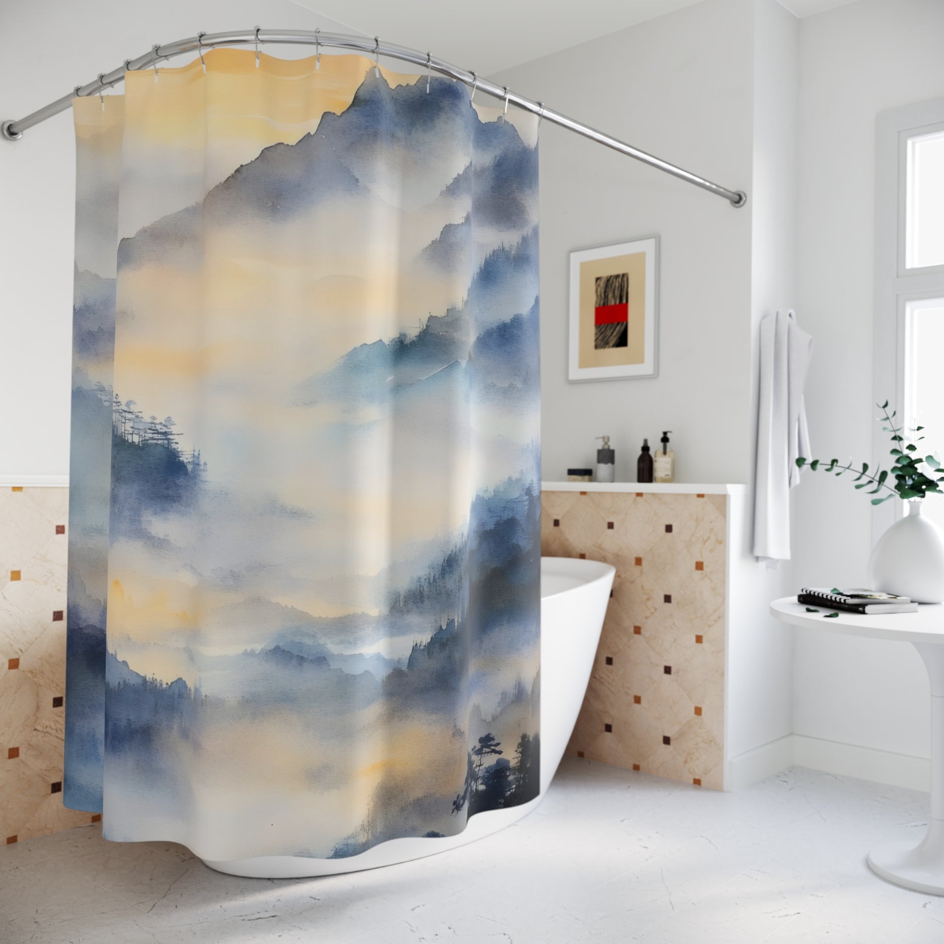 Serene bathroom with a shower curtain featuring watercolor mountains and mist, modern decor