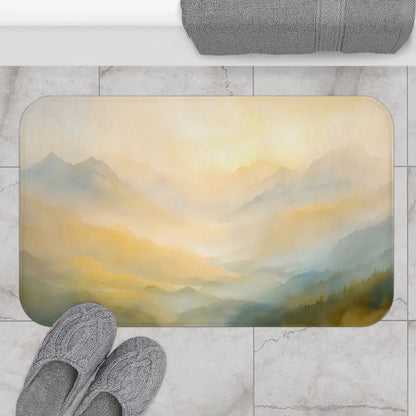 Bathroom rug with soft sunrise mountain landscape, cozy slippers, zen decor on marble floor
