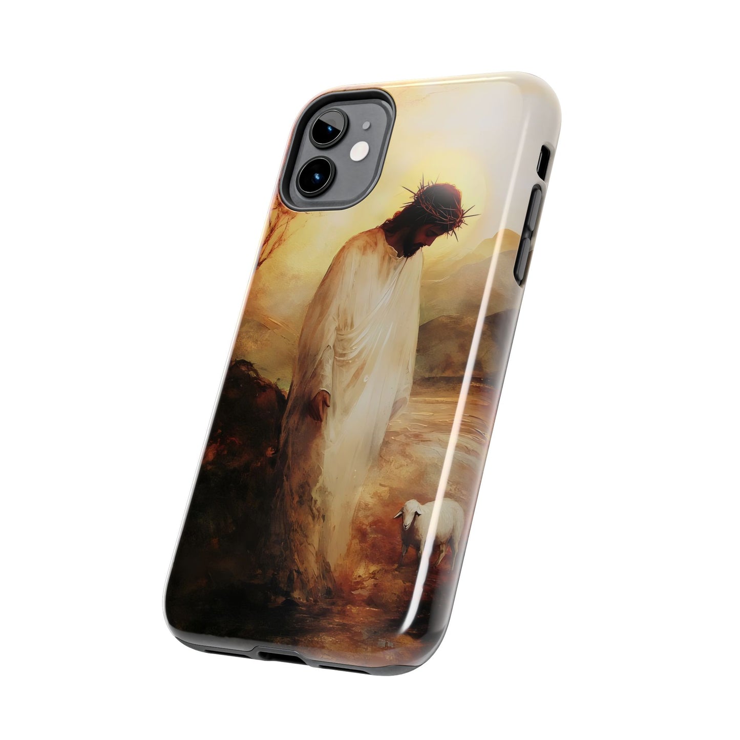 Christian phone case featuring Jesus in white robe with crown of thorns and a lamb, spiritual art