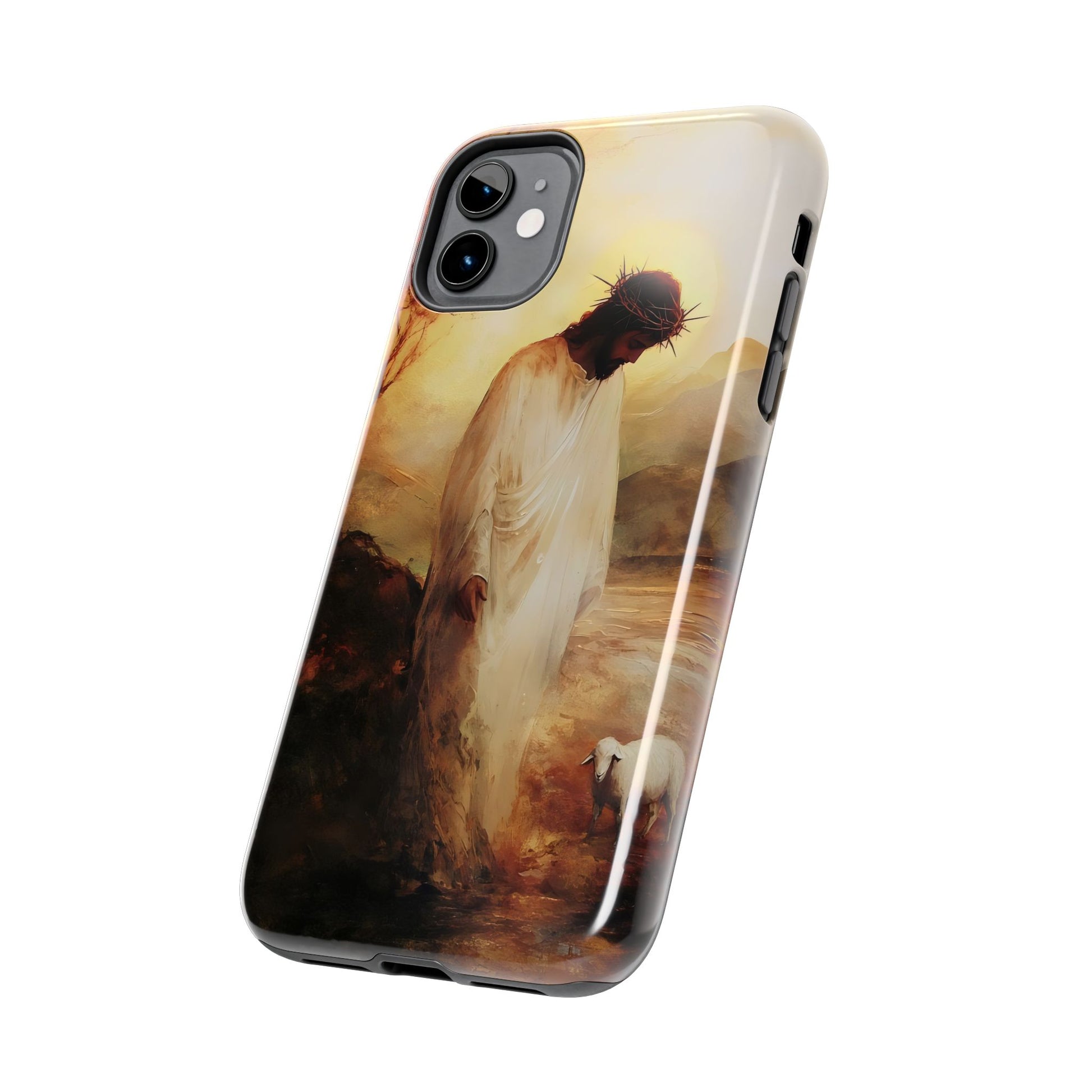 Christian phone case featuring Jesus in white robe with crown of thorns and a lamb, spiritual art