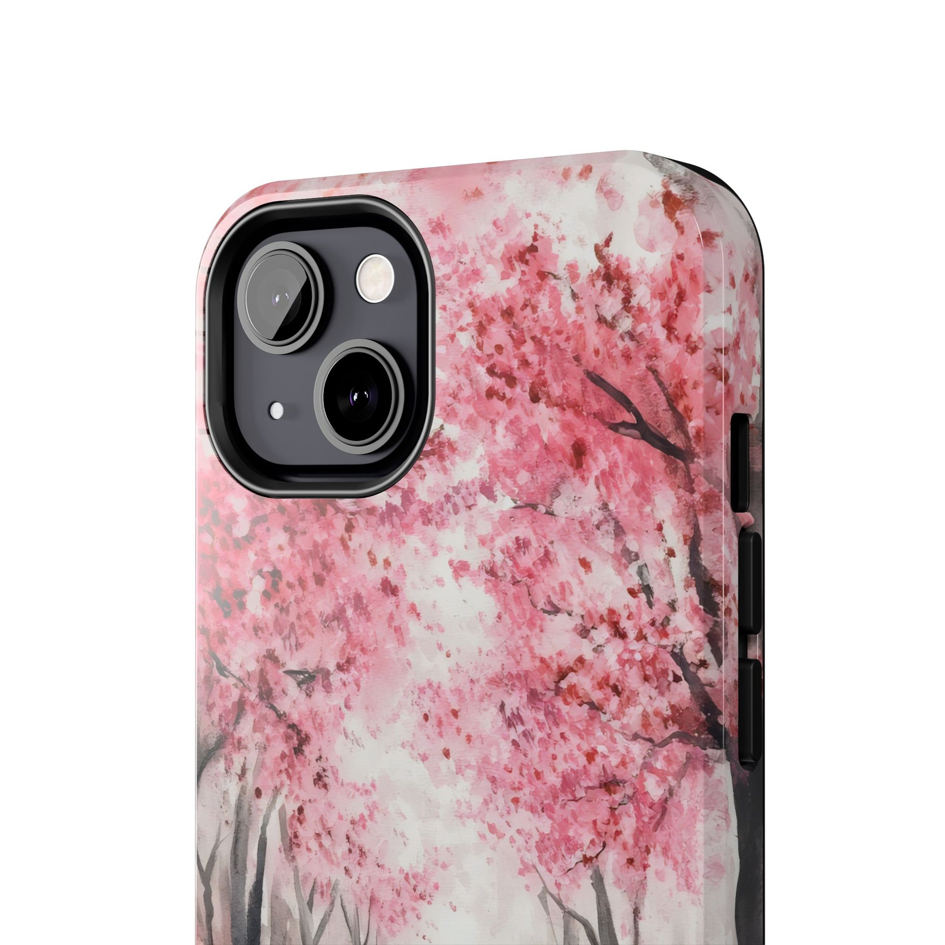 Phone case with pink cherry blossom tree art, floral nature-inspired design