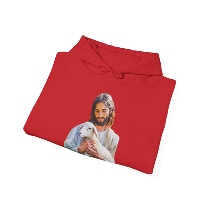 Red hoodie with Jesus holding a lamb graphic, Christian faith-inspired apparel