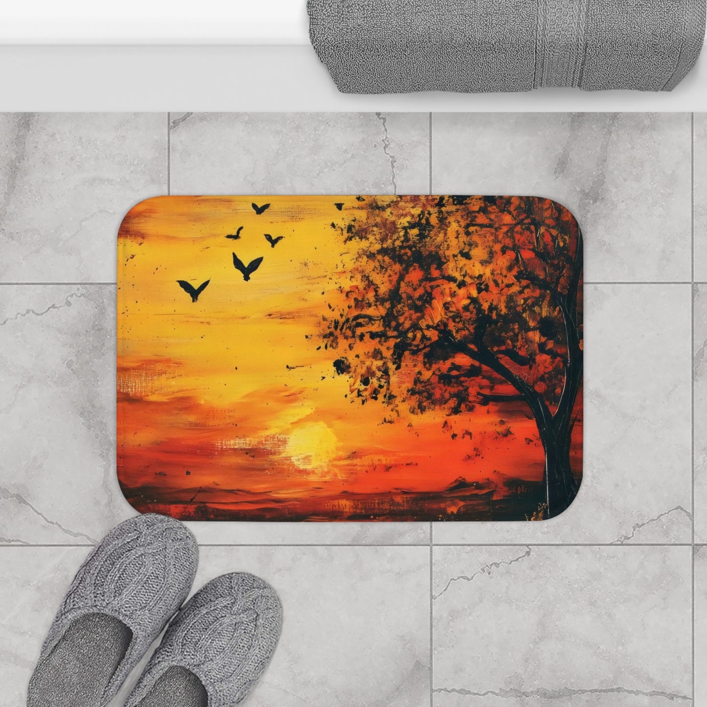 Colorful bath mat with tree and birds at sunset, spiritual home decor on bathroom floor