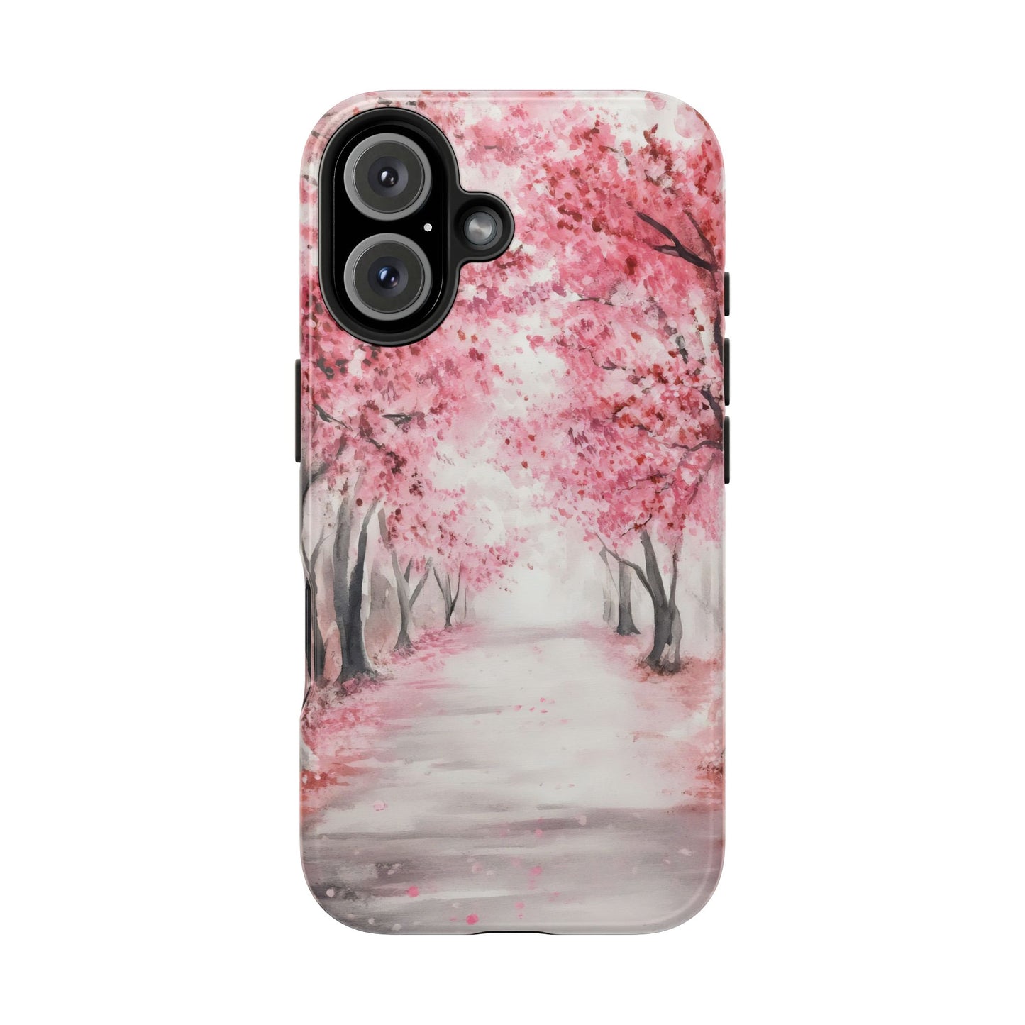 Phone case with watercolor cherry blossom trees and peaceful pink pathway design