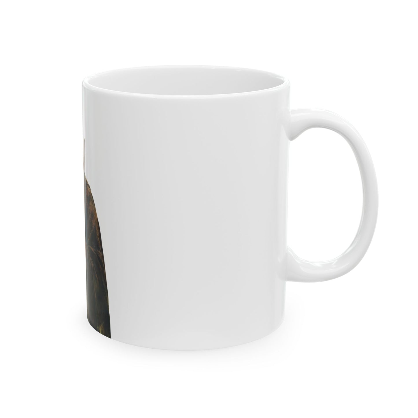 White ceramic coffee mug with partial Christian-themed artwork on the left edge