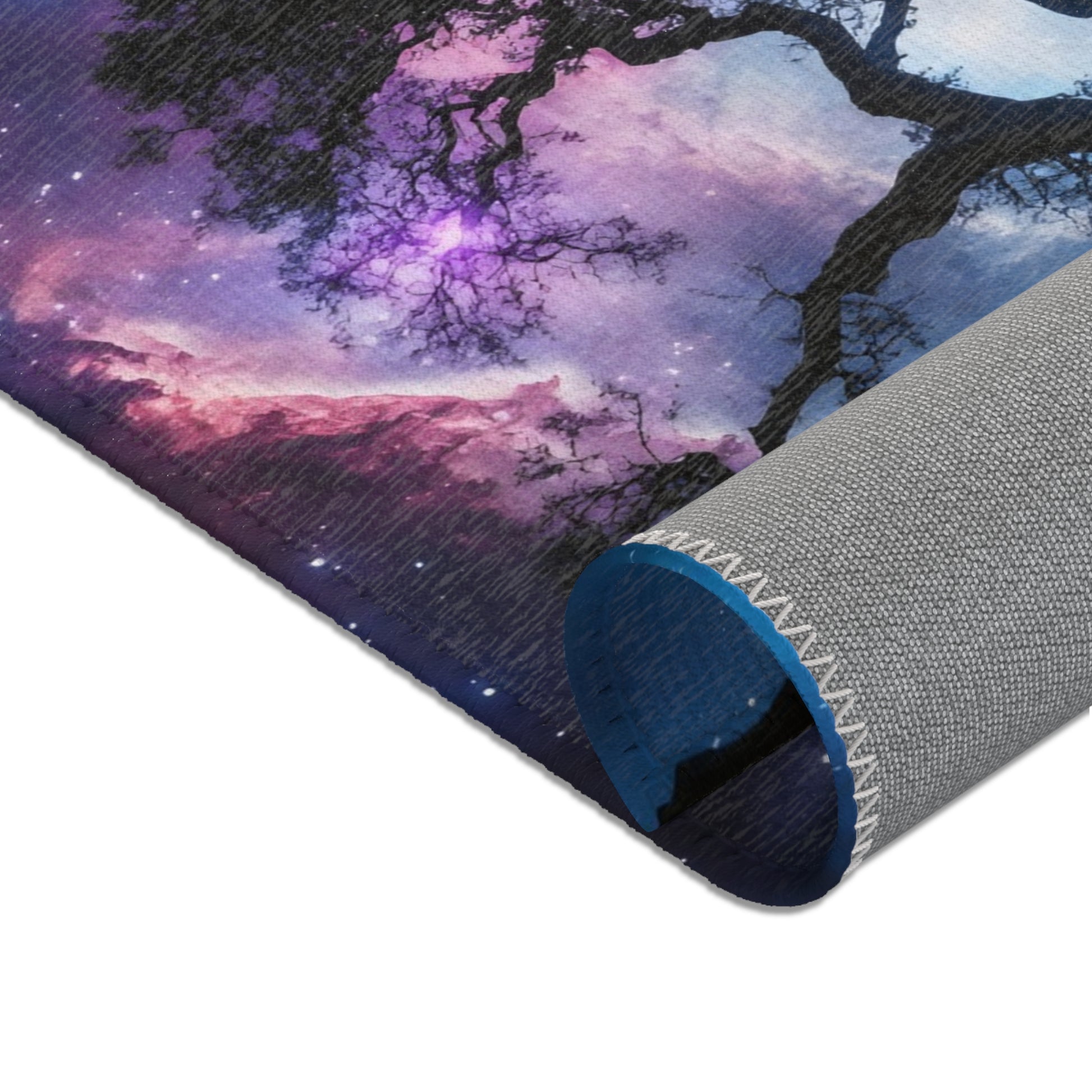 Christian wall art featuring a silhouetted tree against a purple galaxy night sky