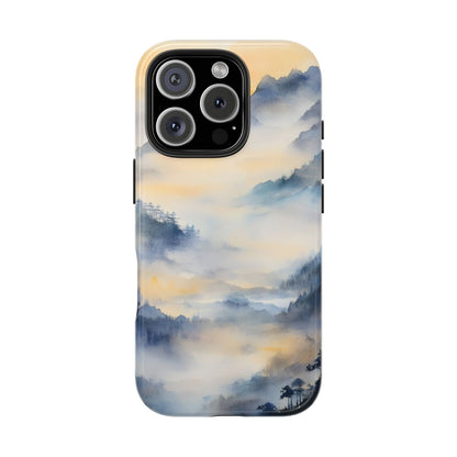 Phone case with serene mountain landscape watercolor design in blue and gold tones