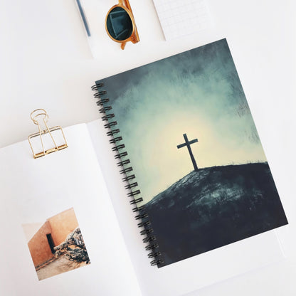 Christian spiral notebook with a cross on a hill, minimalist faith-inspired desk decor