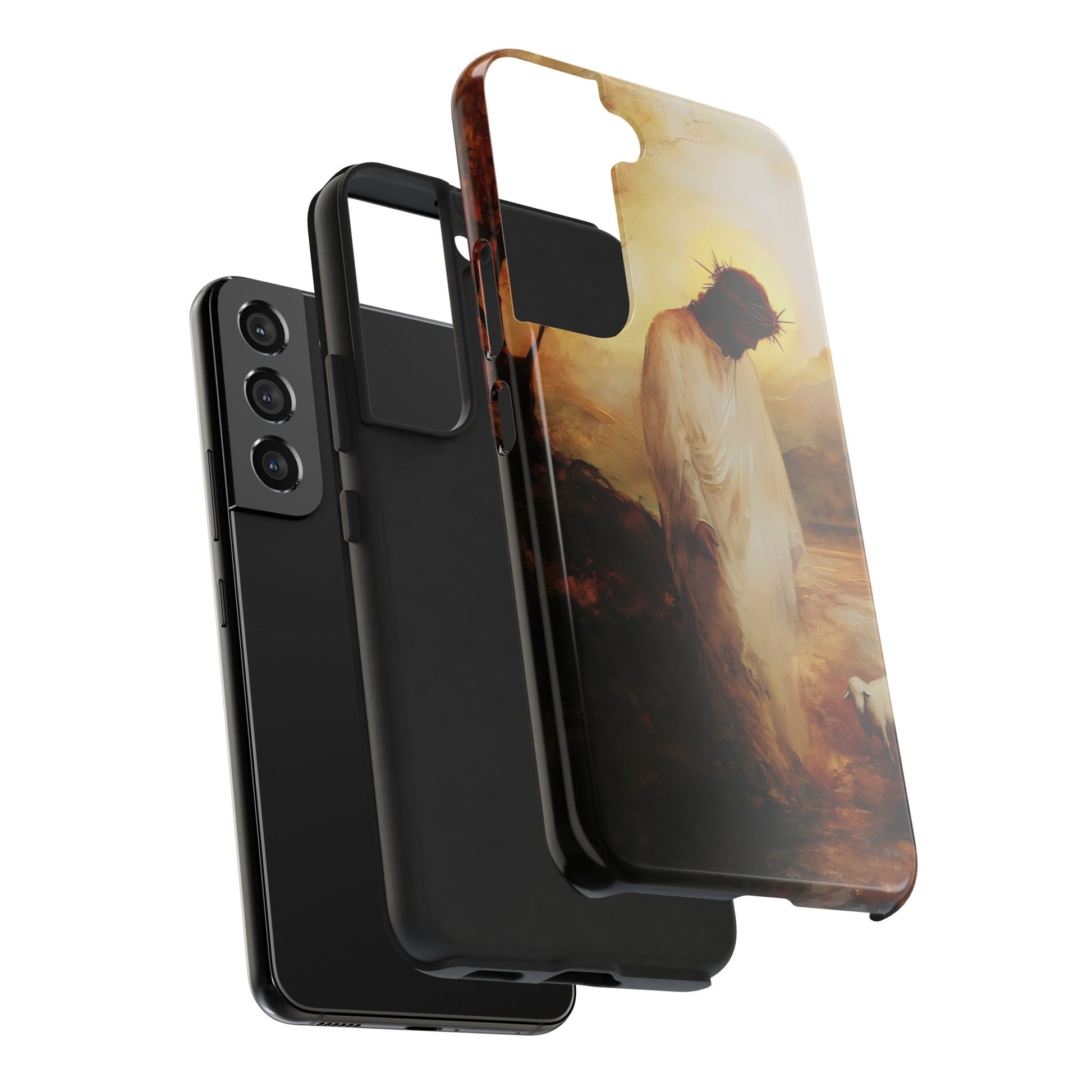 Christian phone case with Jesus artwork, crown of thorns, and lamb, for Samsung Galaxy