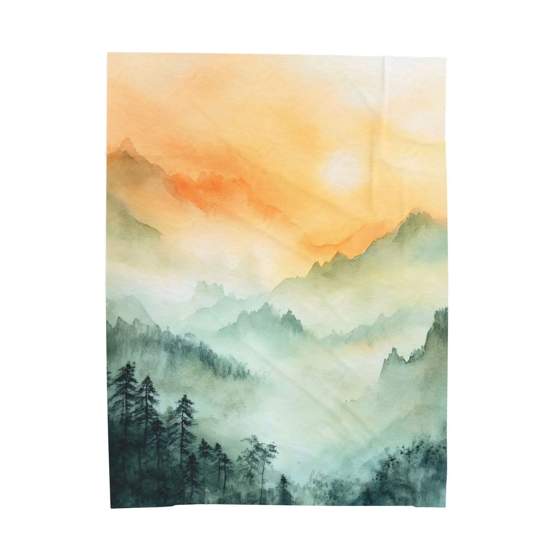 Watercolor mountain landscape wall art with pine trees and soft sunrise hues