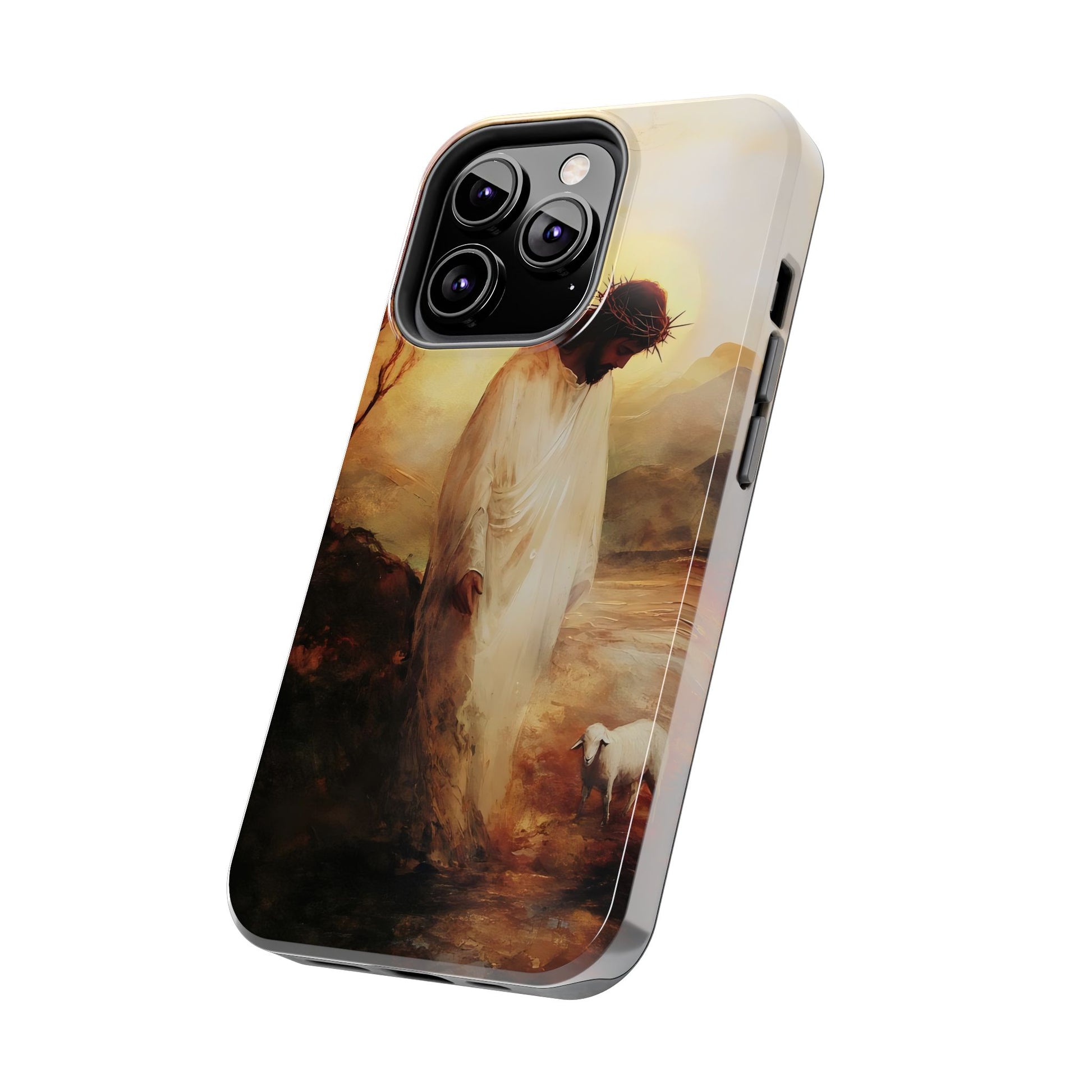 Christian phone case with Jesus and lamb pastoral scene, faith-inspired art design
