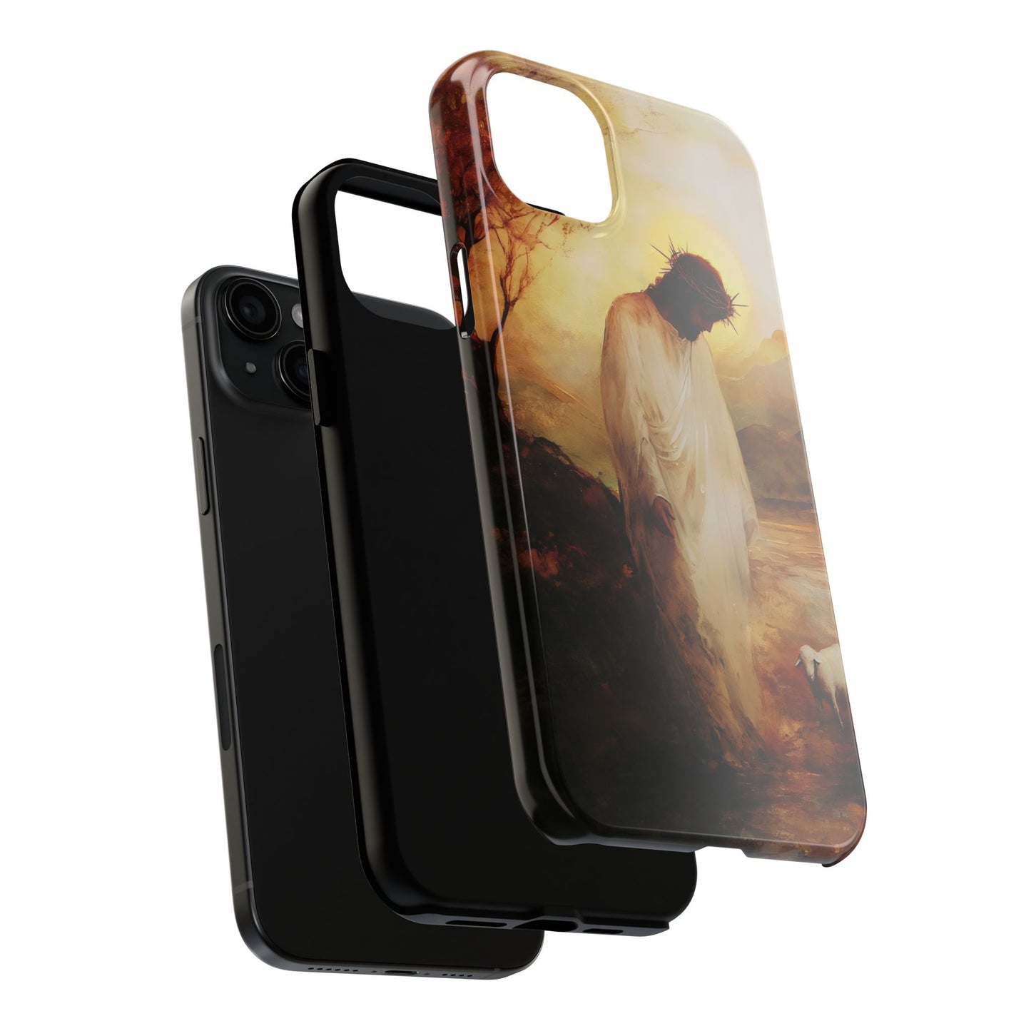 Christian phone case with Jesus and lamb artwork, spiritual faith-inspired protective cover