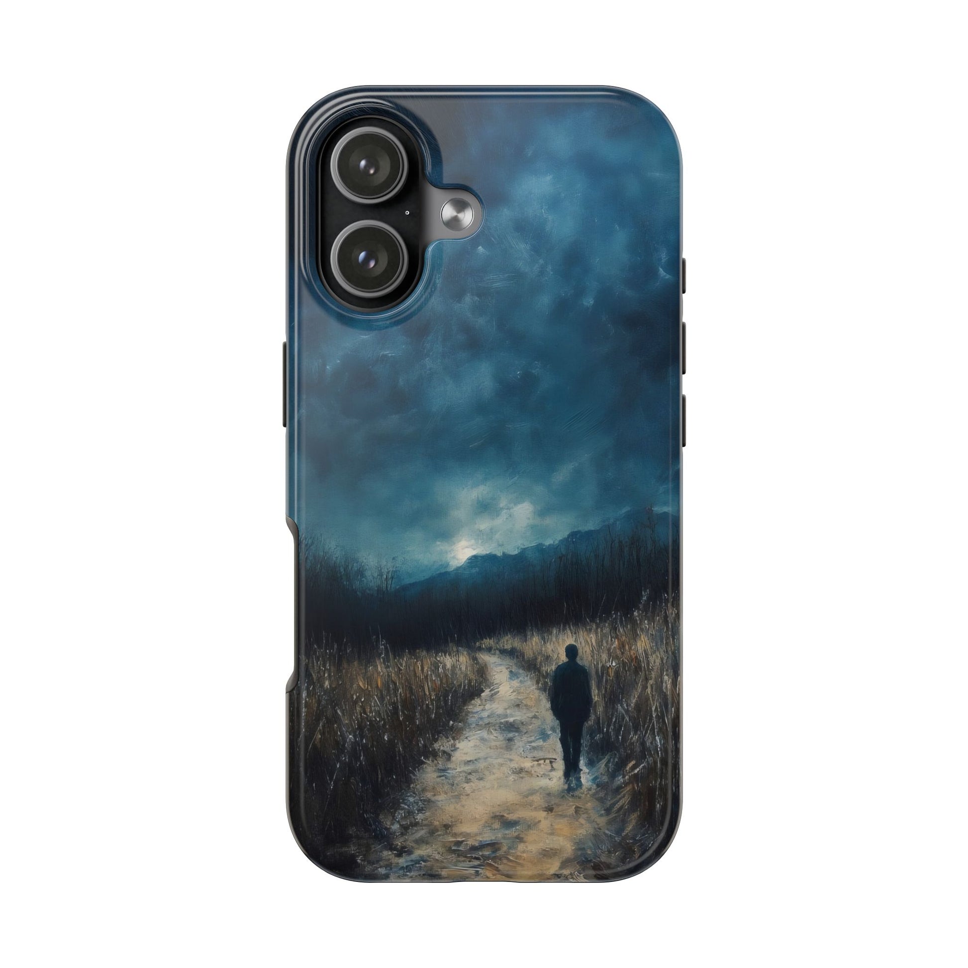 Christian phone case with silhouette walking on a spiritual path under a dramatic night sky